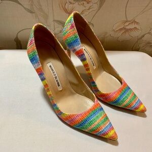 Manolo Blahnik BB Rainbow Colorful Striped Pointed Toe Heels - Size 38